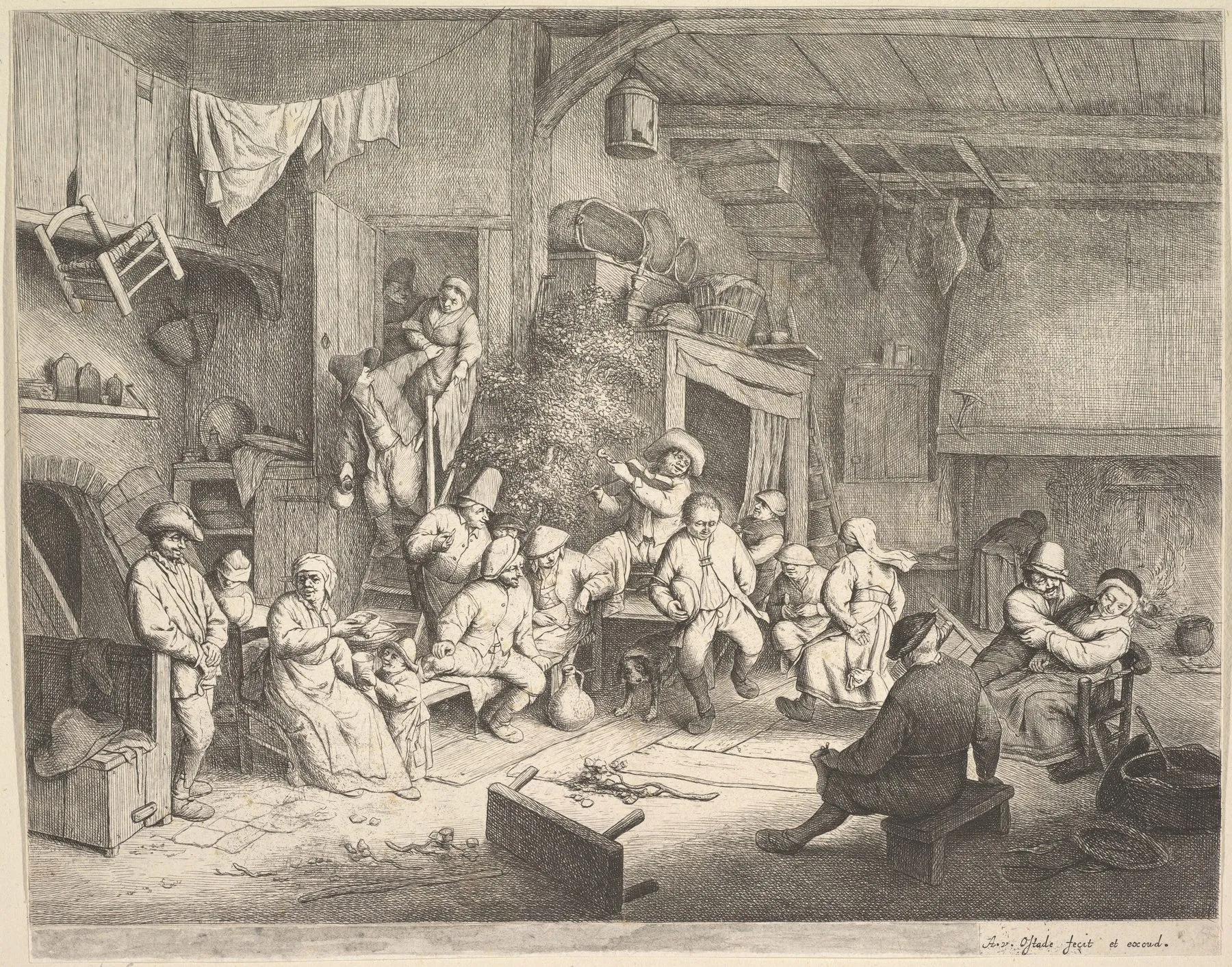 Adriaen van Ostade，The Dance at the Inn，1652，Etching; seventh state